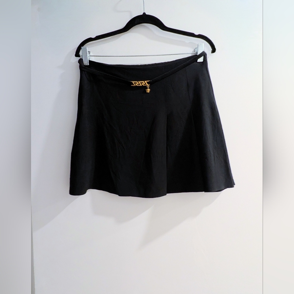 Versace Black Skirt With Iconic Gold La Grecca Gold Charm